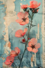 pressed watercolor flowers on a weathered newspaper page