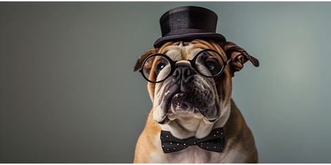 A cute bulldog in a felt bowler hat, Cute dog with glasses - obrazy, fototapety, plakaty