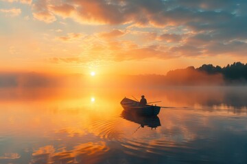 A person sits in a boat as the sun sets on a picturesque lake, A sunrise over a calm lake with a...