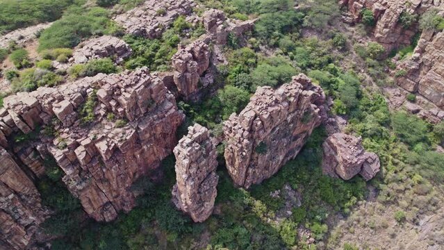 rocky mountain view of indian grand canyon gandikota at kadapa, andhra pradesh , india, top down drone shot