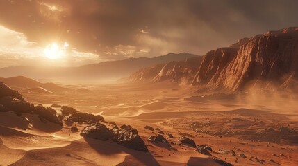 View of the planet Mars, red planet, landscape, surface of mars, rocks and mountains, exploration of mars, colonization of mars, flight to mars
