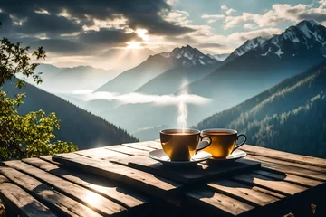 Fotobehang Cup with tea on table over mountains landscape with sunlight. Beauty nature background © Muhammad