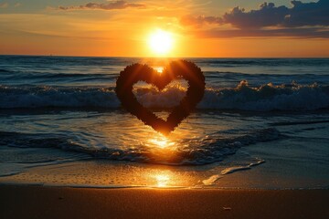 A heart-shaped piece of driftwood rests on the sandy beach as the sun sets in the background, A sunset view from a beach, the sun setting in a heart-shaped silhouette, AI Generated - obrazy, fototapety, plakaty