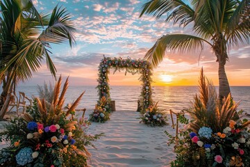 A beach wedding setup with palm trees and a beautiful display of flowers for the ceremony, A sunset filled beach with a decorated palms pathway leading to a floral arch, AI Generated - obrazy, fototapety, plakaty