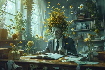 A man sits at a desk, engrossed in a book while having flowers tucked neatly in his hair, A surreal representation of tax season, AI Generated - obrazy, fototapety, plakaty