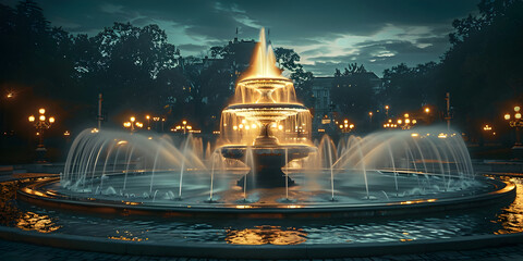 multitiered fountain at night with a classical European design set against a soft-lit building and landscaping ,  - obrazy, fototapety, plakaty