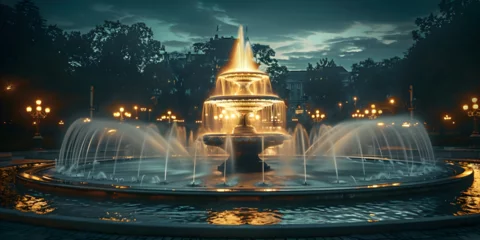 Rollo  multitiered fountain at night with a classical European design set against a soft-lit building and landscaping ,  © Zeynap