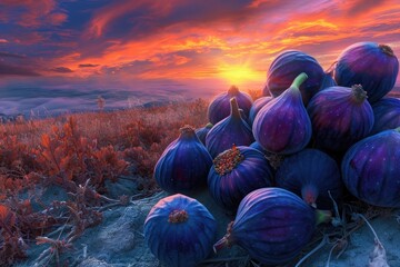 A Painting of a Colorful Sunset Over a Lush Field of Ripe Fruit, A surrealistic interpretation of ripe figs fused with a vibrant sunset, AI Generated - obrazy, fototapety, plakaty