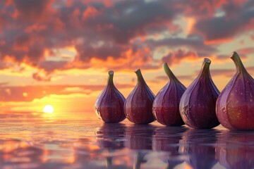 A collection of fresh figs resting on the surface of a body of water, creating a visually striking scene, A surrealistic interpretation of ripe figs fused with a vibrant sunset, AI Generated