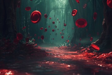 A photo capturing a dense forest showcasing an abundance of red circles scattered throughout the scenery, A surrealistic view of red blood cells in a dreamlike setting, AI Generated