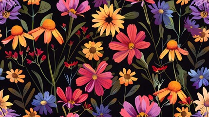 Gaillardia Canterbury Bells flower seamless texture style black background.