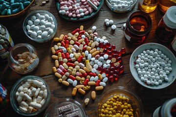 A table adorned with numerous varieties of pills scattered across its surface, A table filled with various types of opioids, AI Generated