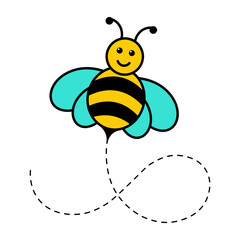 Bee Flying Path with Cartoon Design Style. Bee Flying on Dotted Route. Vector Illustration.