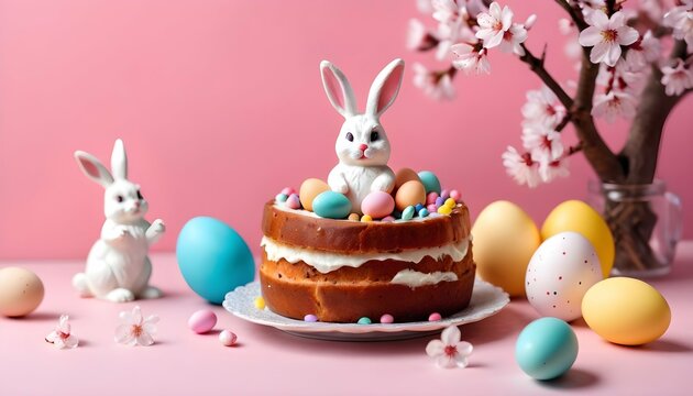 Easter Cake And Colorful Eggs And Easter Decorativ