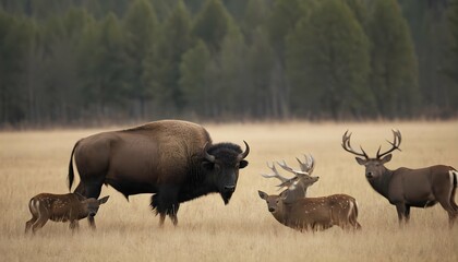 A Buffalo With A Herd Of Deer In The Background
