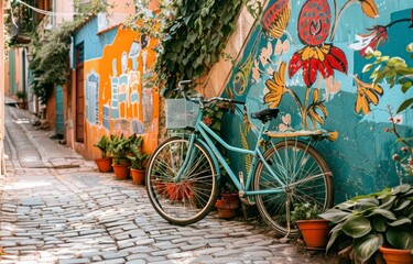 Fototapeta na wymiar Vibrant Street Art and Teal Bicycle on Cobblestone Alley - Vivid Urban Photography