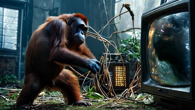 A monkey transfixed by an old CRT television set amidst the jungle. The TV screen shows fish swimming underwater. A surreal scene that contrasts nature and human artifacts. Evokes the inquisitive natu