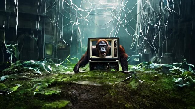 A monkey transfixed by an old CRT television set amidst the jungle. The TV screen shows fish swimming underwater. A surreal scene that contrasts nature and human artifacts. Evokes the inquisitive natu