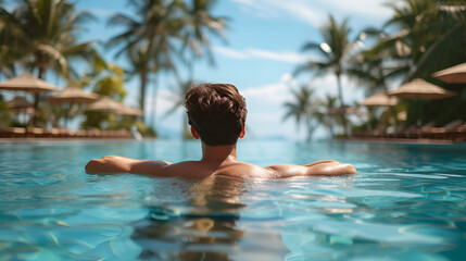 Young man relaxing in resort swimming pool. Generative ai 