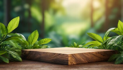 Natural Ambiance: Wooden Board Background with Green Plant Blur, Offering Product Display Space (3D Render) - obrazy, fototapety, plakaty