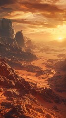 View of the planet Mars, red planet, landscape, surface of mars, rocks and mountains, exploration of mars, colonization of mars, flight to mars