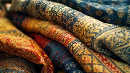 Exquisite folds adorn this traditional oriental fabric, showcasing intricate Indian patterns - obrazy, fototapety, plakaty