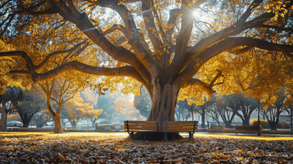 A sprawling oak with yellowing leaves towers over a solitary bench in a sun-dappled park.