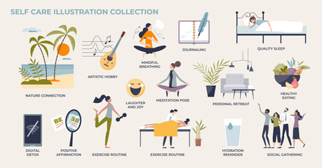 Self care and wellness with healthy mental balance tiny person collection set. Labeled elements for positive daily routine, sport activities, eating, meditation and mindfulness vector illustration. - obrazy, fototapety, plakaty