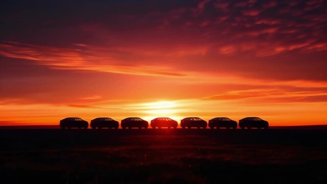 Multiple cars in a row captured in silhouette against the backdrop of a mesmerizing sunset creating a stunningly contrasty image.