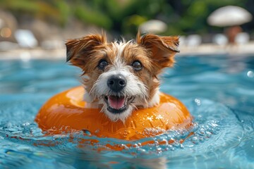 Dog swimming with orange frisbee in pool. Generative AI - obrazy, fototapety, plakaty