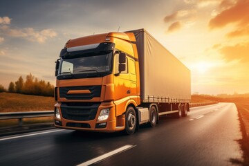 Yellow Semi Truck Driving Down Highway. Generative AI