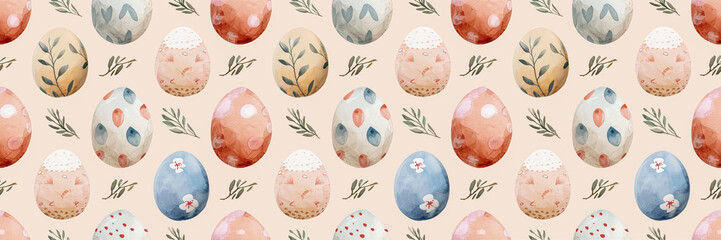 Fototapeta na wymiar Seamless pattern of Easter eggs in pastel colors in watercolor style. Generative AI.