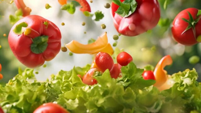 Salad made up of fresh vegetables with tomatoes, lettuce, cucumbers, onions, and cheese on a white plate. Perfect for a healthy lunch or dinner.