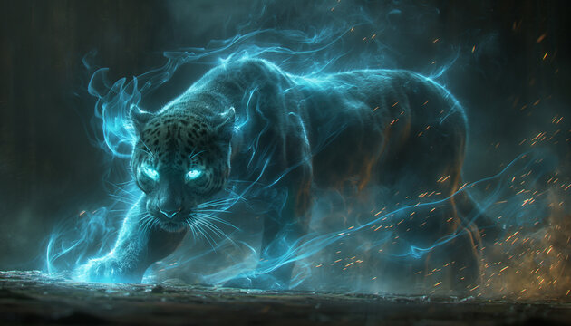 A prowling panther spirit. A translucent and ghostly specter of the panther. Streaks of mist wrap around its slender body, a nocturnal hunt.
