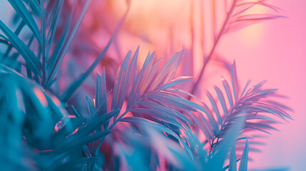 Neon Pink Light on Tropical Palm Leaves background.