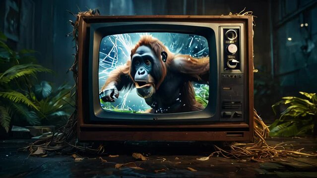 A monkey transfixed by an old CRT television set amidst the jungle. The TV screen shows fish swimming underwater. A surreal scene that contrasts nature and human artifacts. Evokes the inquisitive natu