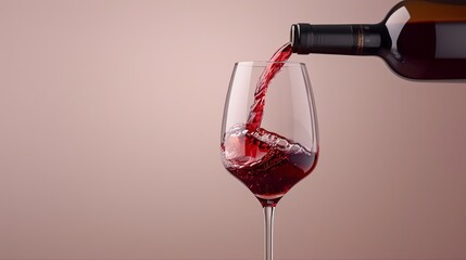 Red wine pours from a bottle into a glass, mockup, photo, minimalism, banner, plain background