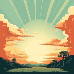 Retro sunset background with vintage clouds and rays.