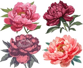 Set of peony flowers illustration.