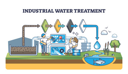 Industrial water treatment with polluted sewage filtration system outline concept. Waste water purification utility with mechanical and chemical filters for water recycling vector illustration.