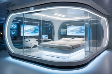 Futuristic robotic mechanism processing beds in soft lighting for innovation and advanced technology