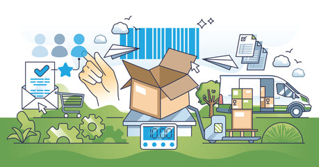 Order fulfillment in e-commerce business with fast shipping outline concept. Effective logistics from warehouse to customer vector illustration. Distribution process automation for high productivity.