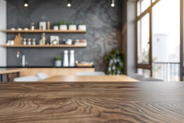 a wooden kitchen island - a blurred background of modern furniture with grey facade - obrazy, fototapety, plakaty