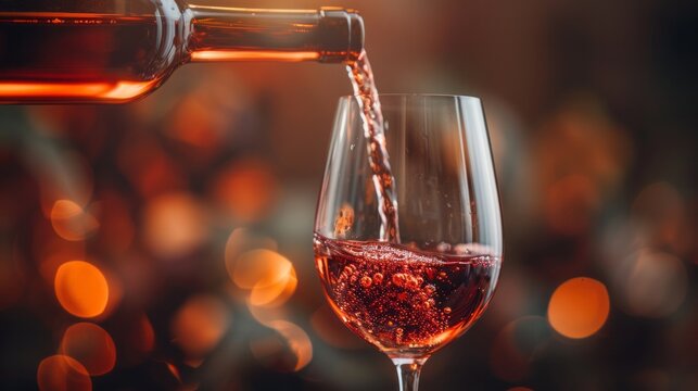 Red wine pours from a bottle into a glass, mockup, photo, minimalism, banner, plain background