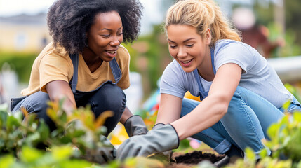Cultivating Change, Diverse Women Volunteers Collaborating at a Community Garden, Generative AI