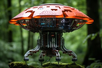 Small robot in shape of fly agaric mushroom stands on forest glade in rays of rising sun - obrazy, fototapety, plakaty