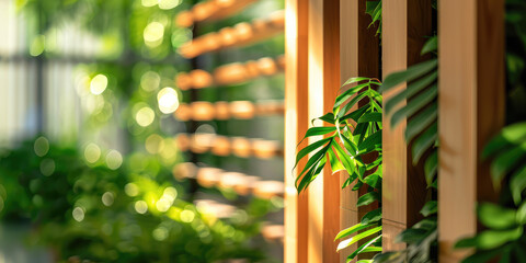 Greenery on Wooden Slats - Indoor Plant Partition in sunlight. Lush green plants weaving through wooden slats, Slatted wooden partition for zoning in a room. - obrazy, fototapety, plakaty