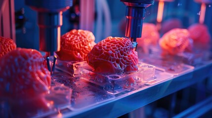 Medical 3D organ printing of model transplantation organ biological engineering in healthcare for surgical instruments, orthopedic and dental implants, AI generated for ads