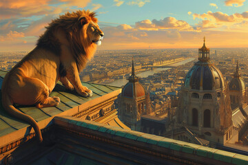 a lion on top of a tall building in the city - obrazy, fototapety, plakaty