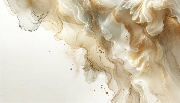 Abstract fluid flowing art by alcohol ink white cream tone and soft gold with copy space text. For banner, background in concept luxury, dreamy, heaven.